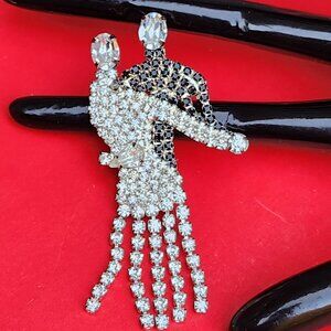 Vintage Black And White Crystal Ballroom Dancers Brooch Pin